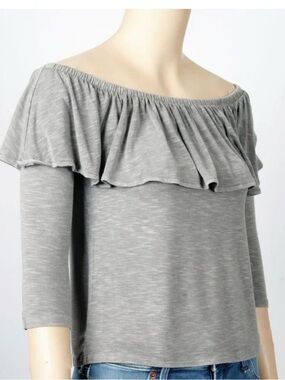 American Eagle Outfitters Gray Off-the-Shoulder Ruffle Top